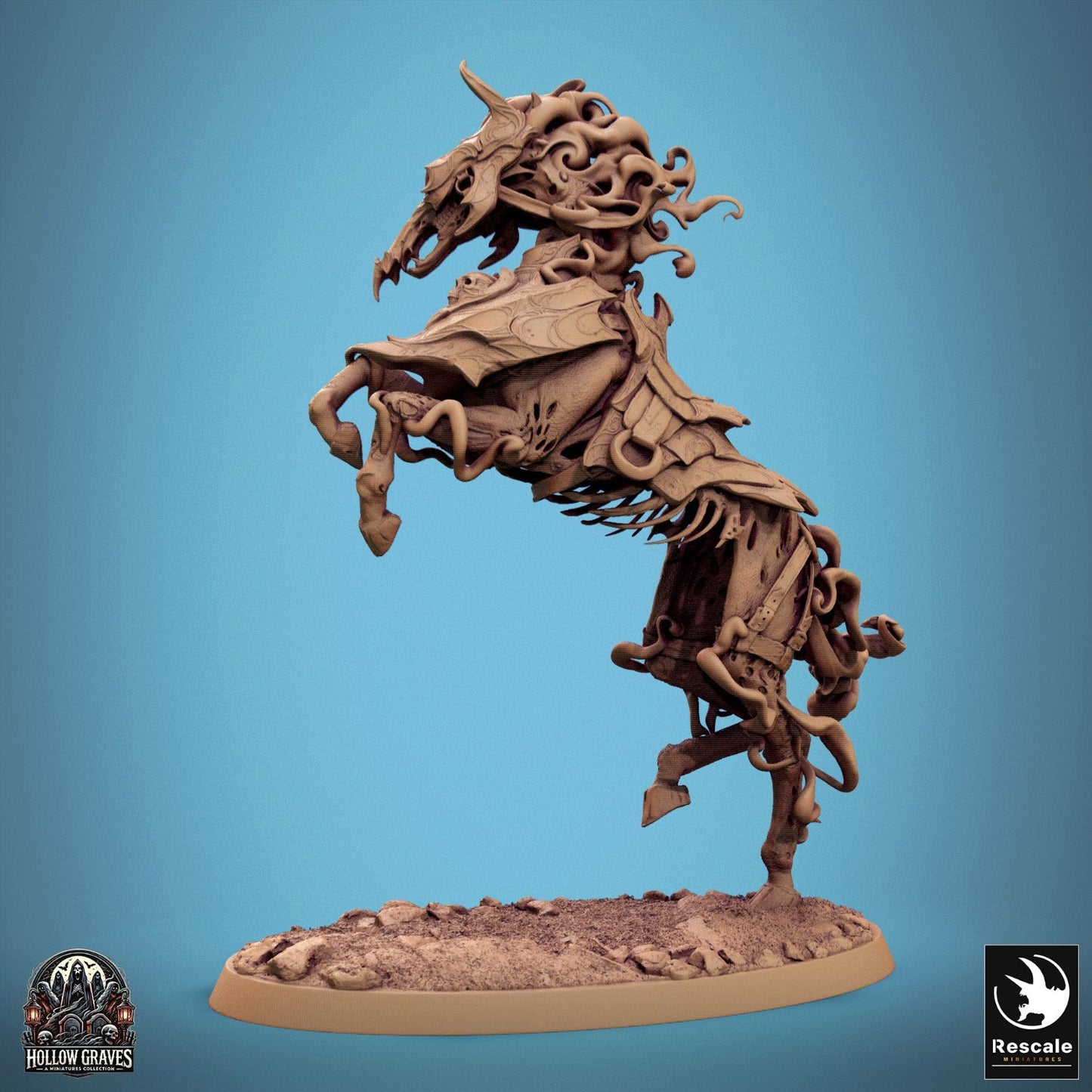 An undead horse rushing forward with its skeletal armor and flowing ethereal tendrils, designed for dark fantasy TTRPGs.