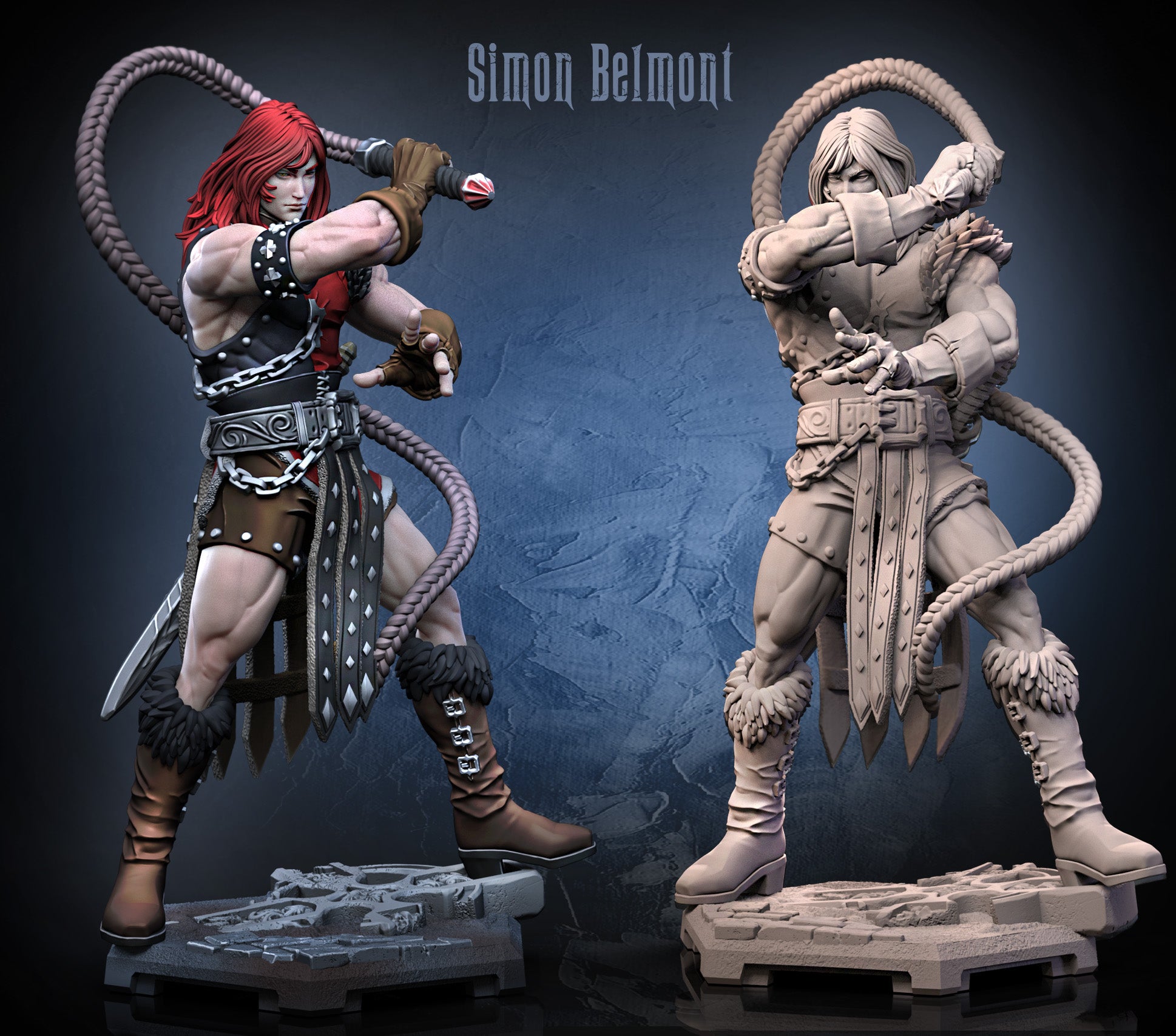 Simon Belmont inspired miniature in painted and unpainted render showing long-haired vampire hunter wielding whip, wearing chainmail, leather armor, fur boots, and standing on gothic stone base; suitable for fantasy RPG campaigns.
