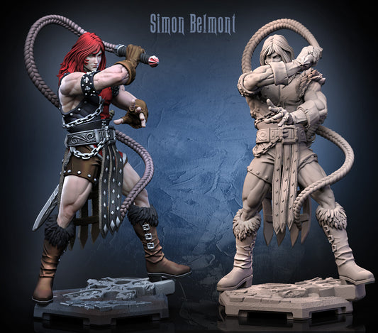 Simon Belmont inspired miniature in painted and unpainted render showing long-haired vampire hunter wielding whip, wearing chainmail, leather armor, fur boots, and standing on gothic stone base; suitable for fantasy RPG campaigns.