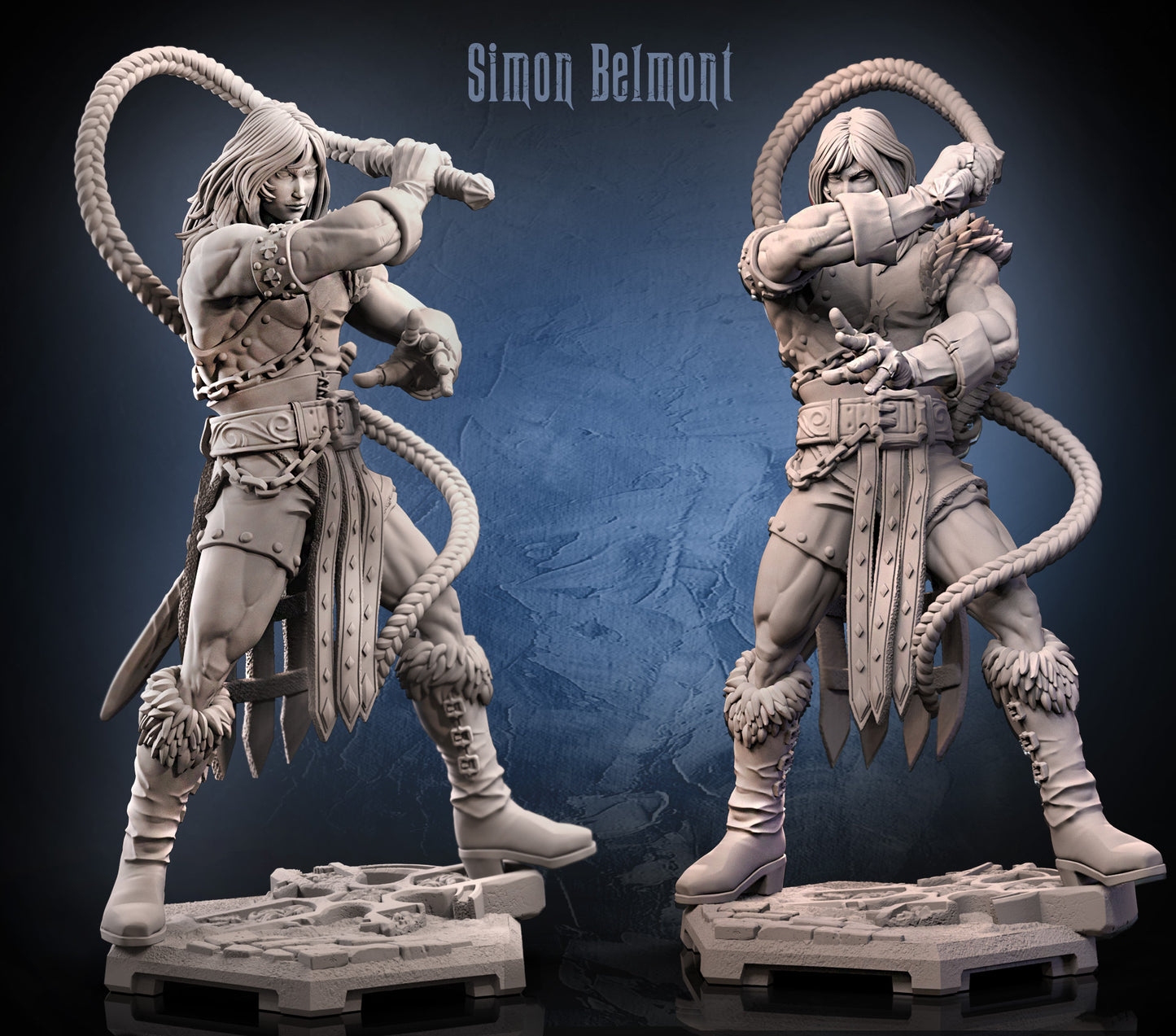 Simon Belmont inspired miniature in painted and unpainted render showing long-haired vampire hunter wielding whip, wearing chainmail, leather armor, fur boots, and standing on gothic stone base; suitable for fantasy RPG campaigns.