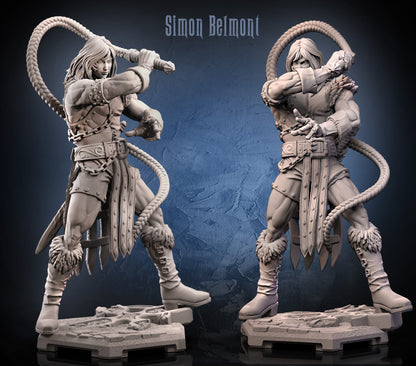Simon Belmont inspired miniature in painted and unpainted render showing long-haired vampire hunter wielding whip, wearing chainmail, leather armor, fur boots, and standing on gothic stone base; suitable for fantasy RPG campaigns.