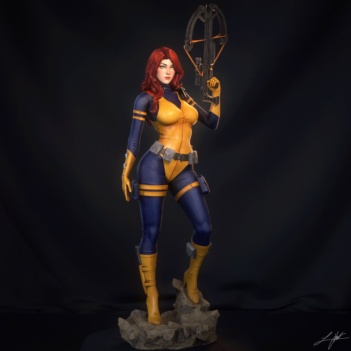Scarlett Image Comics full body collectible figure front view, female assassin stance with crossbow and rocky display base