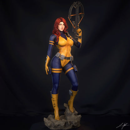 Scarlett Image Comics full body collectible figure front view, female assassin stance with crossbow and rocky display base