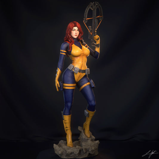Scarlett Image Comics full body collectible figure front view, female assassin stance with crossbow and rocky display base