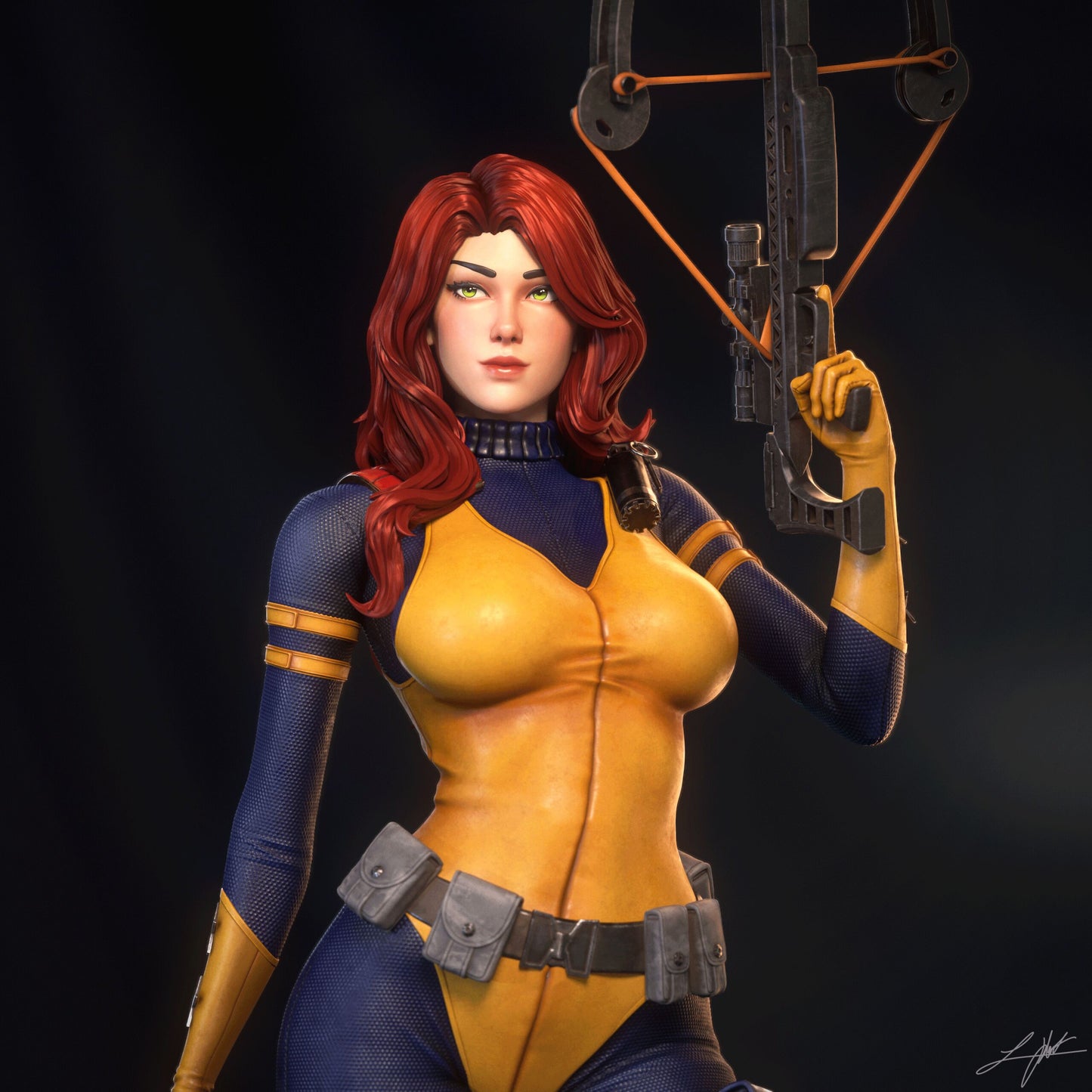 Scarlett Image Comics collectible figure portrait view, red-haired female operative with crossbow and utility belt