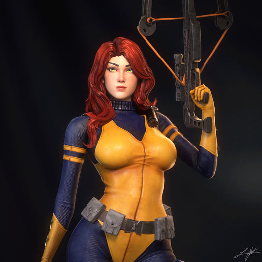 Scarlett Image Comics collectible figure portrait view, red-haired female operative with crossbow and utility belt