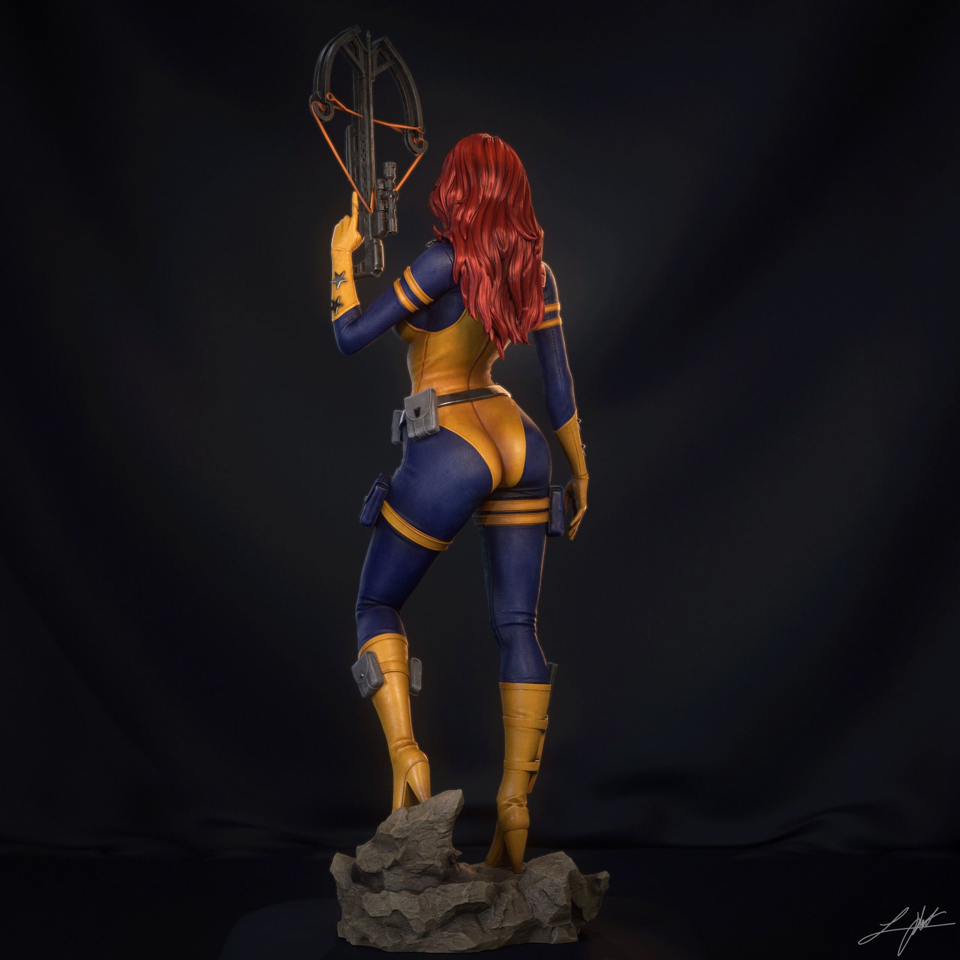 Scarlett Image Comics collectible figure rear view holding crossbow, red-haired female assassin in tactical bodysuit on rock base