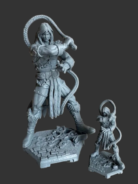Simon Belmont inspired physical miniatures in two sizes showing vampire hunter with long whip, chainmail, layered armor, and gothic base; ideal for tabletop gaming and display.
