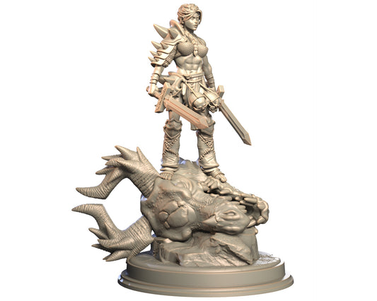 Serkara female human barbarian miniature standing atop slain beast with twin swords in hand.