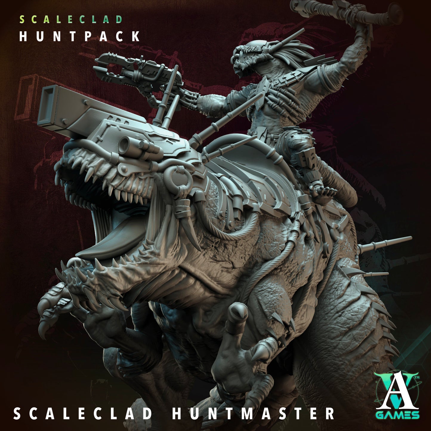 Close-up of the Scaleclad Huntmaster, a lizard-like warrior holding weapons while mounted on a ferocious raptor.