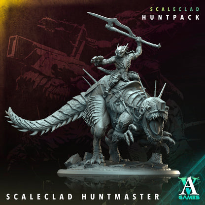 Full-body view of the Scaleclad Huntmaster riding an armored raptor, axe raised, exuding a commanding sci-fi presence.