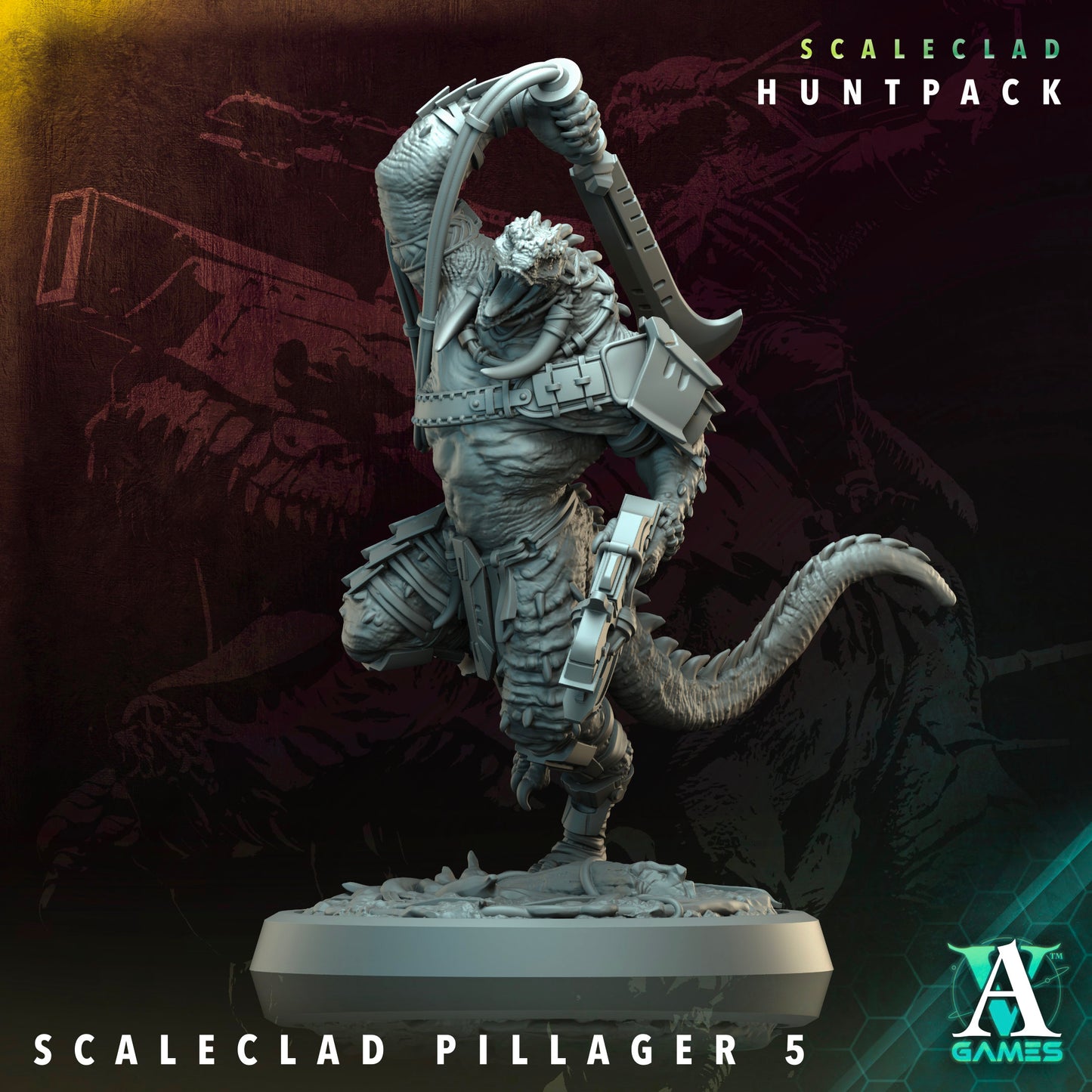 A fierce Scaleclad operative mid-swing with a curved blade, tail coiled for balance.