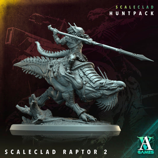 A Scaleclad Raptor warrior wielding a spear, striking a fierce pose atop a reptilian mount.