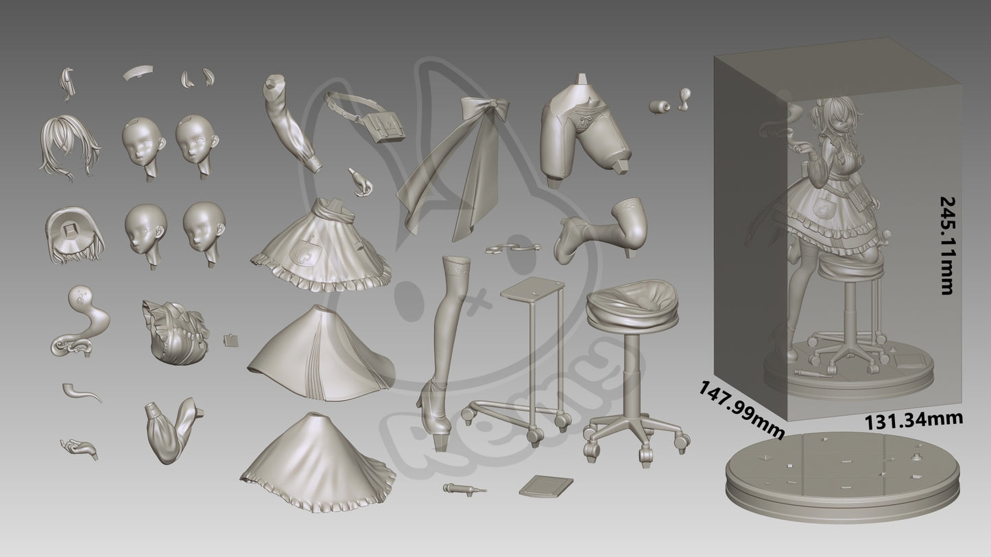 Nightmare Nimi collectible figure parts breakdown showing head options hair nurse maid outfit limbs medical accessories stool and base
