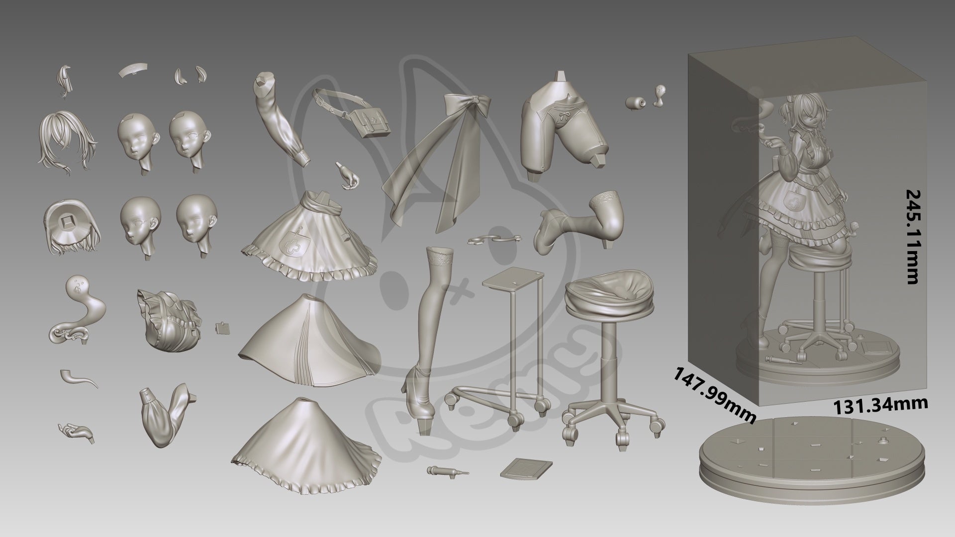 Nightmare Nimi collectible figure parts breakdown showing head options hair nurse maid outfit limbs medical accessories stool and base