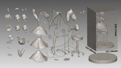 Nightmare Nimi collectible figure parts breakdown showing head options hair nurse maid outfit limbs medical accessories stool and base