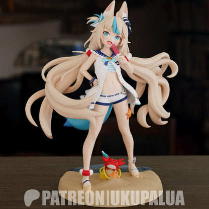 Painted render of Sameko Saba Vtuber figure in summer outfit with popsicle, fox ears, and crab accessory on beach base.