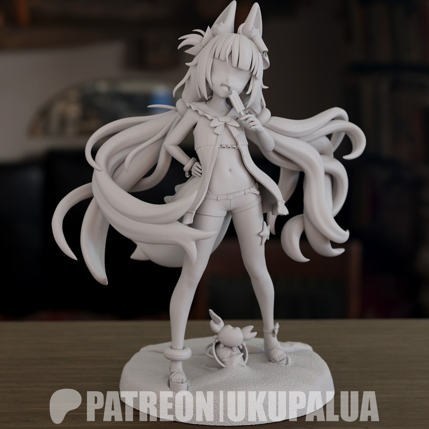 Front view of unpainted Sameko Saba Vtuber figure holding a popsicle with detailed summer outfit and long hair.