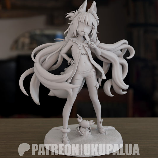 Front view of unpainted Sameko Saba Vtuber figure holding a popsicle with detailed summer outfit and long hair.
