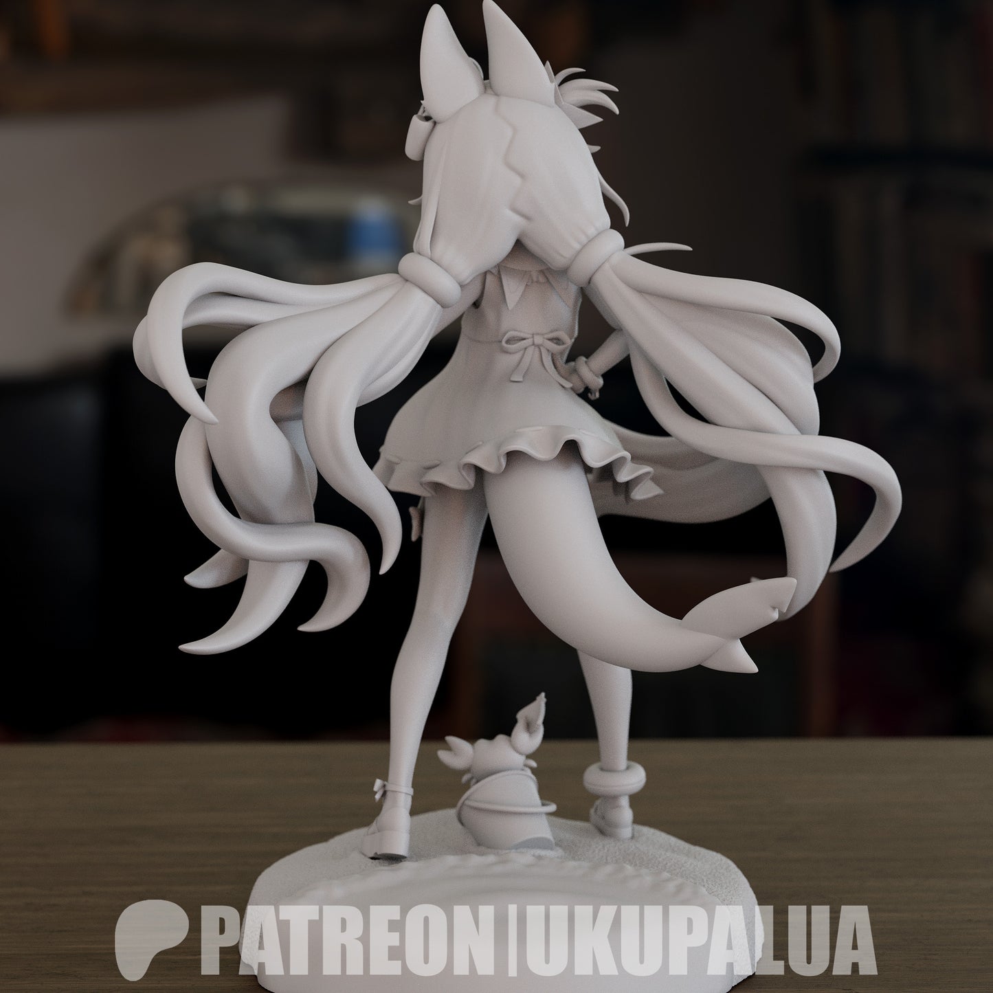 Rear view of unpainted Sameko Saba Vtuber figure with long twin-tails and fox ears on a sandy base.