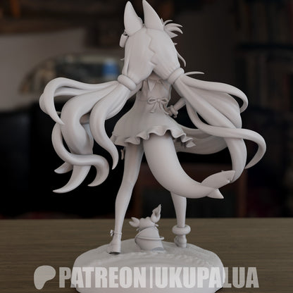 Rear view of unpainted Sameko Saba Vtuber figure with long twin-tails and fox ears on a sandy base.