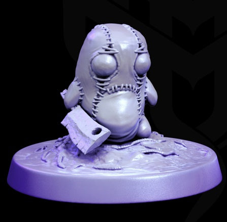 A sorrowful stitched figure kneeling on a detailed base, clutching a large cleaver. The somber pose and intricate stitches make it a haunting addition to dark fantasy tabletop games.