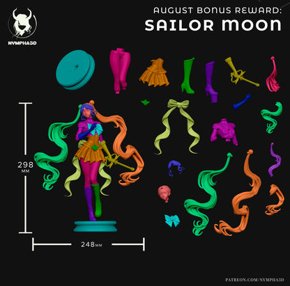 Sailor Moon – Full Turnaround Views: Multiple 3D renders of Sailor Moon showing front, back, and angled poses holding her Moon Scepter.