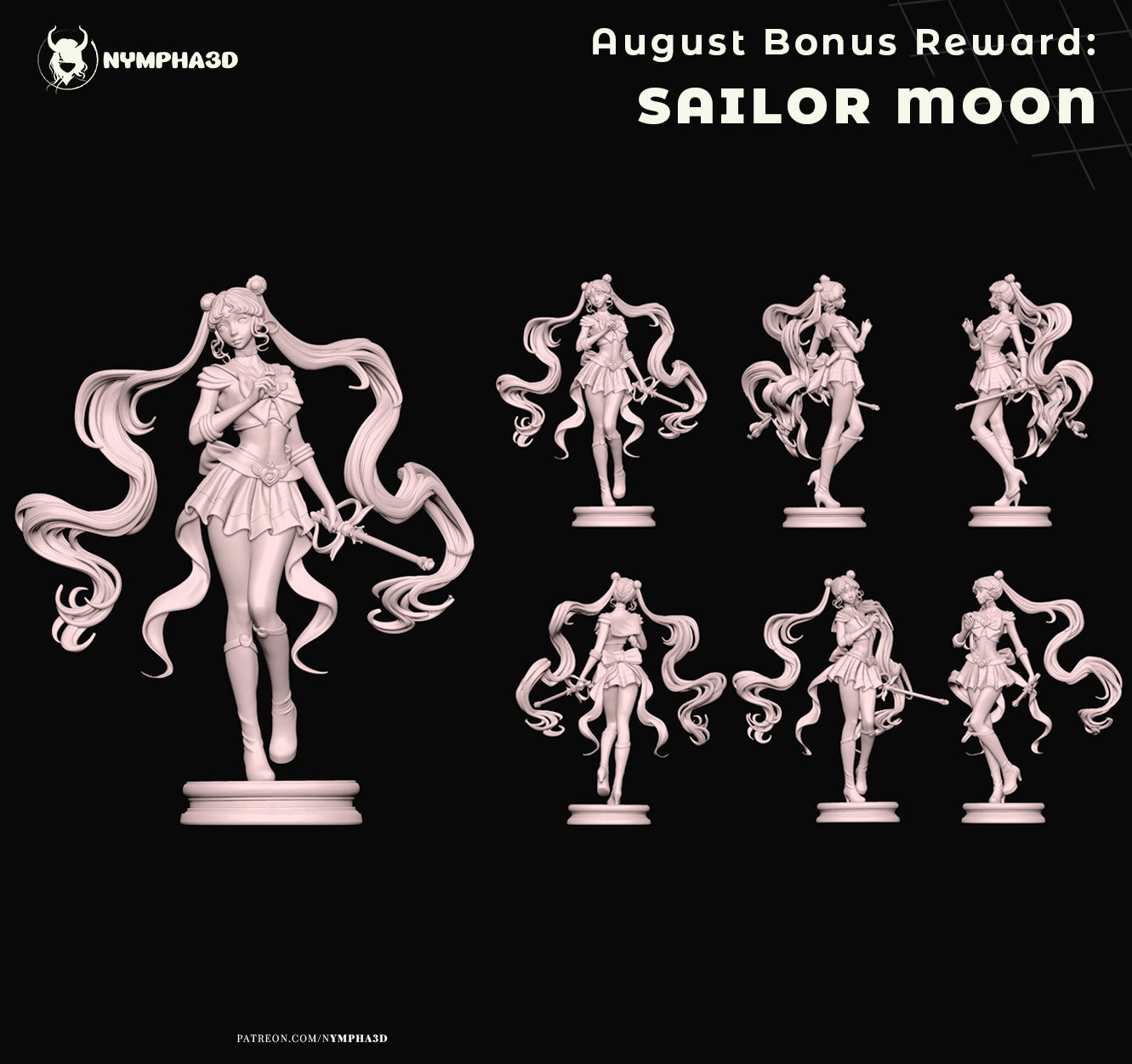 Sailor Moon – Model Cut Breakdown: Colorized parts layout showing detachable sections, including hair, ribbons, boots, skirt, and Moon Scepter with assembled preview.