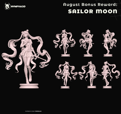 Sailor Moon – Model Cut Breakdown: Colorized parts layout showing detachable sections, including hair, ribbons, boots, skirt, and Moon Scepter with assembled preview.