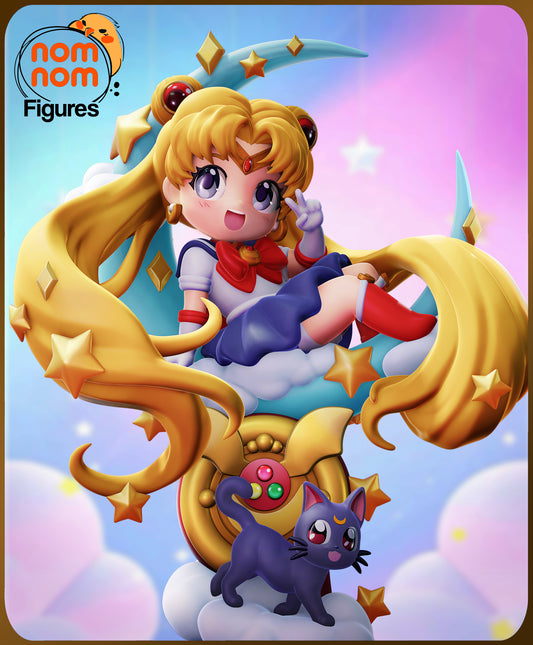Chibi Sailor Moon painted collectible figure seated on crescent moon with long hair, star accents, cloud base, and Luna cat at the bottom.