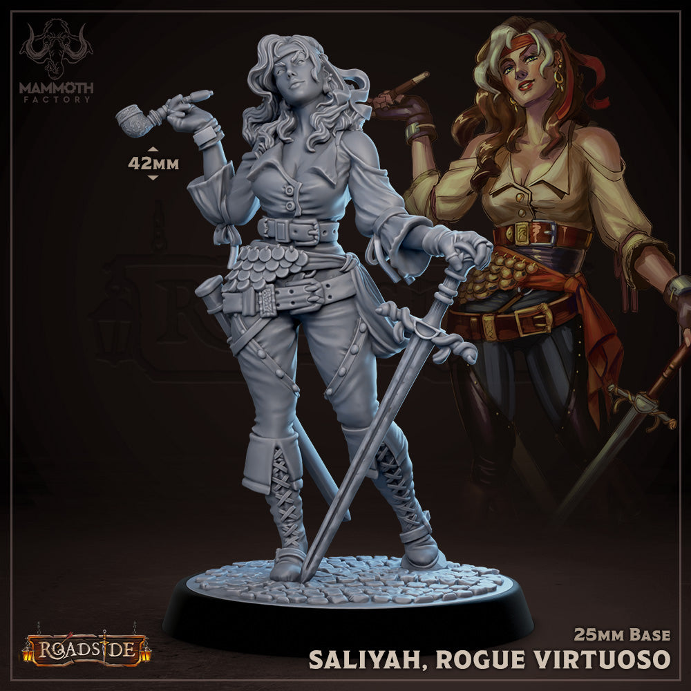 Full figure of Saliyah, Rogue Virtuoso, standing confidently with her sword at her side, dressed in a detailed rogue outfit, perfect for fantasy tabletop RPGs.