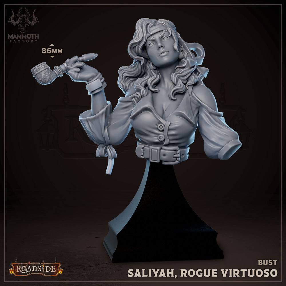 Bust of Saliyah, Rogue Virtuoso, holding a smoking pipe with a confident expression, ideal for collectors or players of fantasy tabletop RPGs.