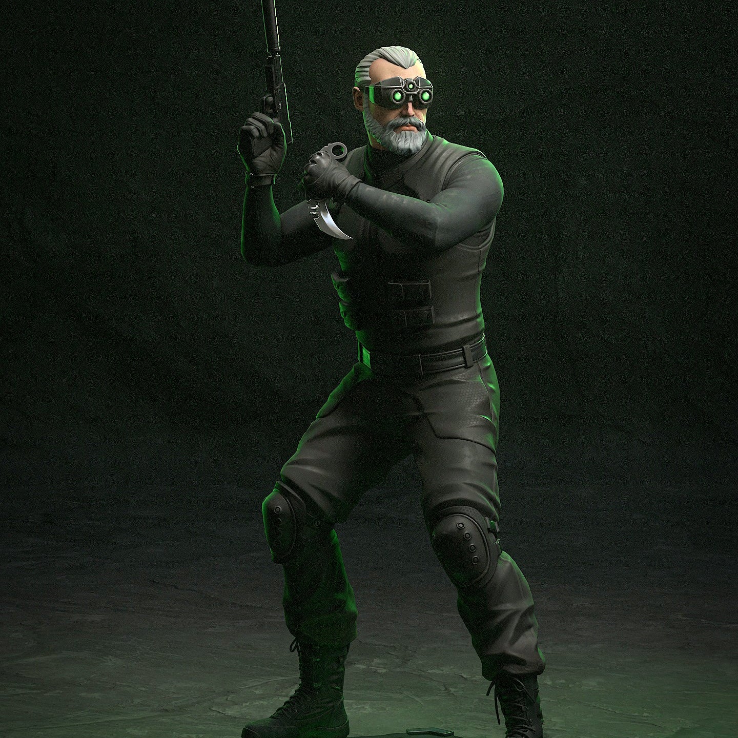 Sam Fisher Splinter Cell 1:8 scale collectible figure in forward combat stance with suppressed handgun, tactical armor, night vision goggles, and stealth base