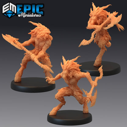 Group of three Satyrs showing off their action-ready poses. One of them is probably planning to dance, the other two? Likely to start a brawl. TTRPG suitable for a chaotic session.