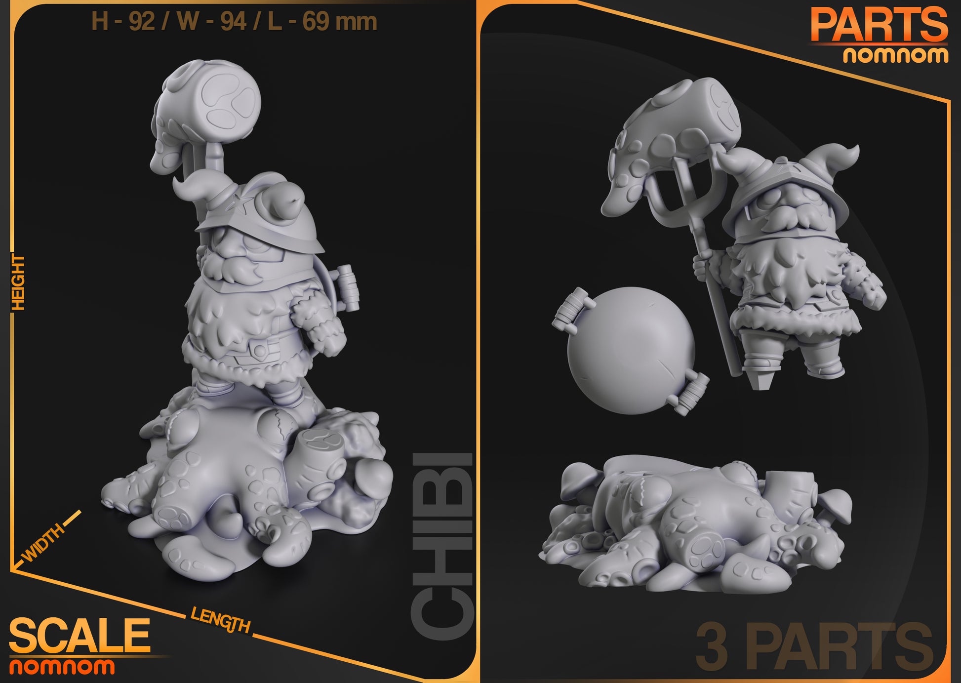 Detailed parts of Chibi Senshi's diorama, including the meat fork, base, and creature pieces.