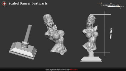 This bust sizing reference shows the Scaled Dancer bust assembled on its display base, illustrating overall height and proportions. Intended to help collectors and painters visualize shelf scale rather than tabletop compatibility.