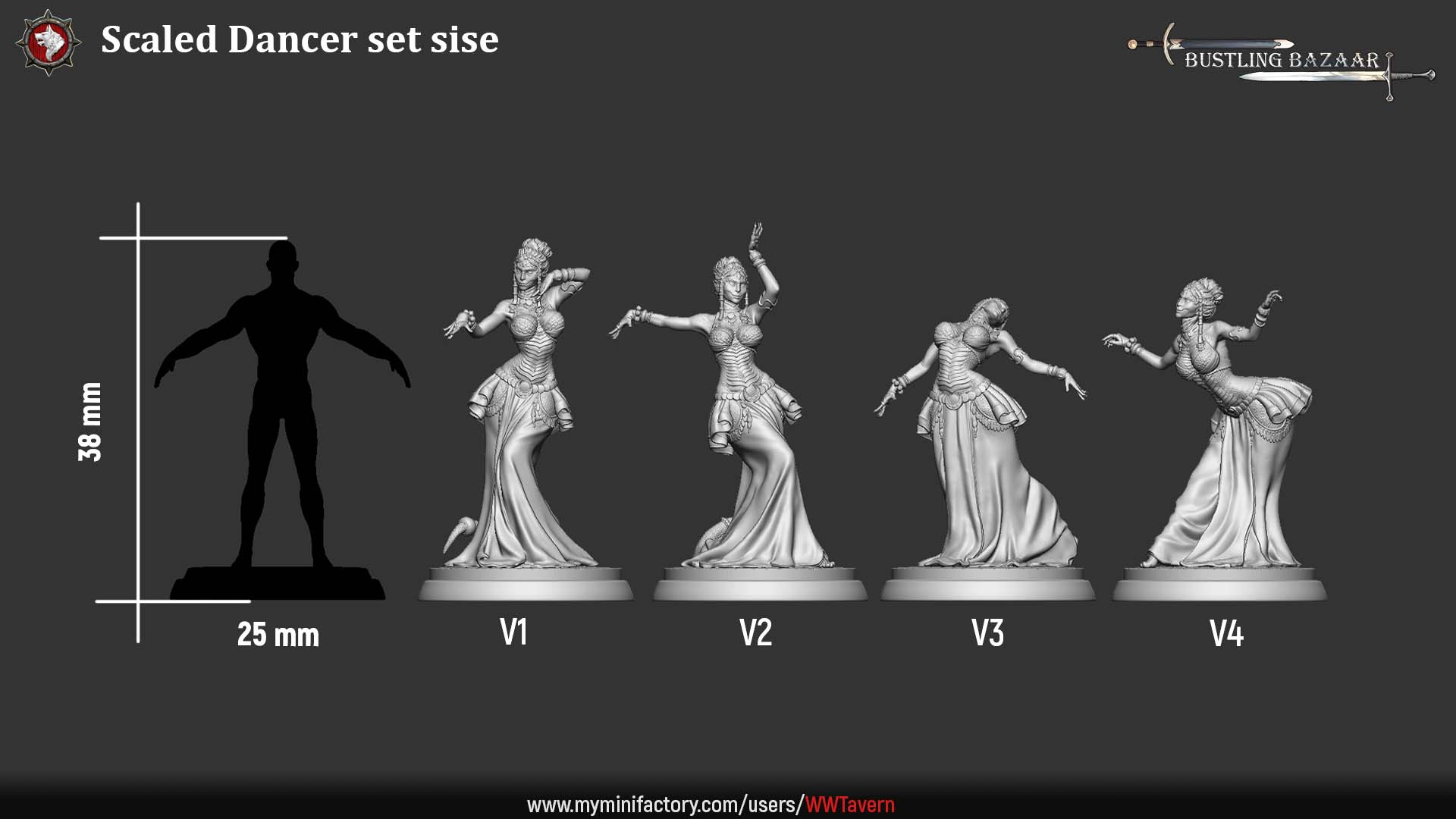 This sizing chart compares Scaled Dancer yuan-ti miniatures against a standard 25 mm humanoid reference, showing their relative height and elegant, elongated poses. Variations V1–V4 highlight how different stances affect overall silhouette and tabletop presence for fantasy RPG encounters.