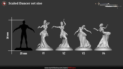 This sizing chart compares Scaled Dancer yuan-ti miniatures against a standard 25 mm humanoid reference, showing their relative height and elegant, elongated poses. Variations V1–V4 highlight how different stances affect overall silhouette and tabletop presence for fantasy RPG encounters.