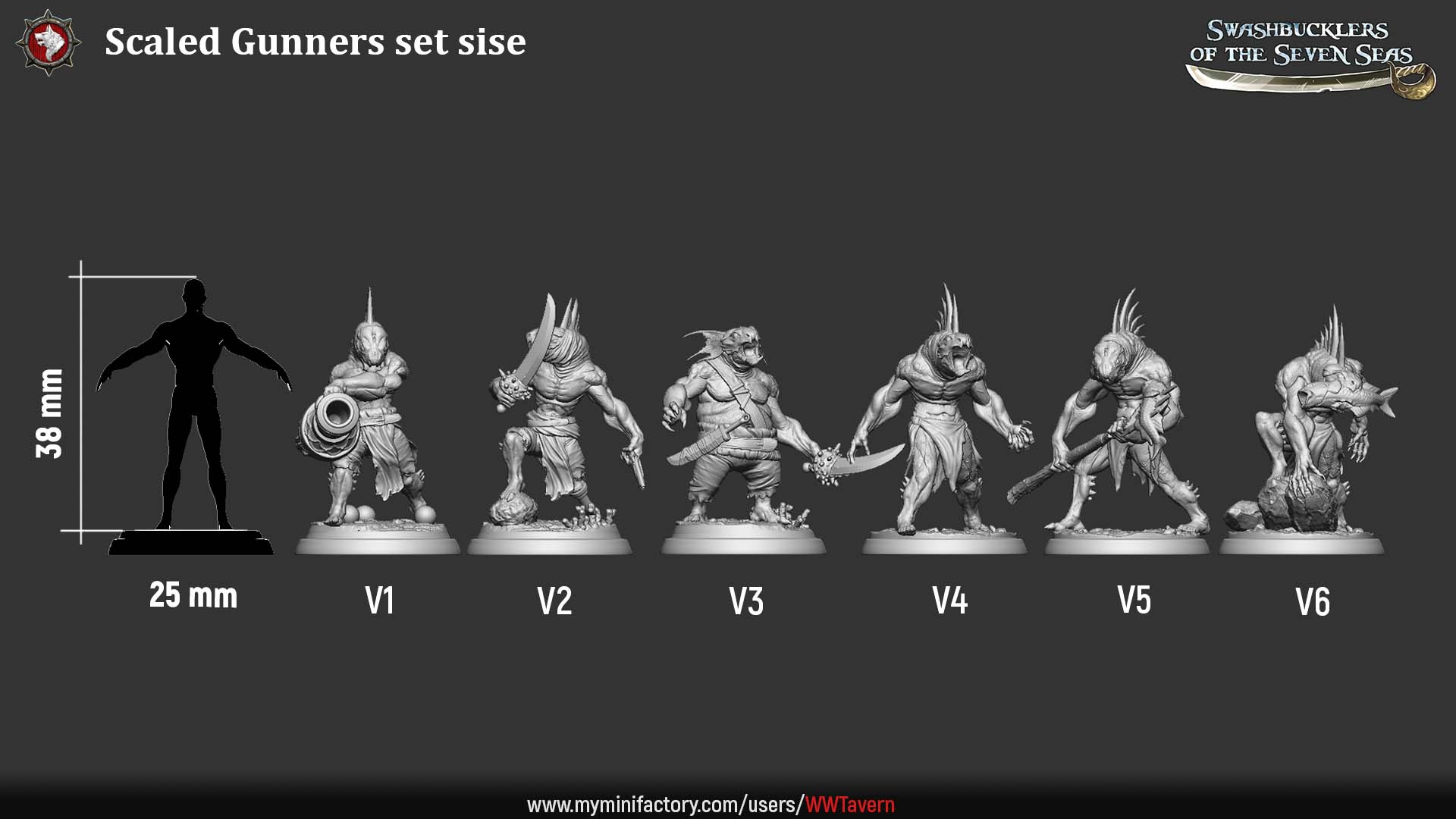 Scaled Gunners scale reference showing six reptilian pirate miniatures compared to a 25mm humanoid silhouette