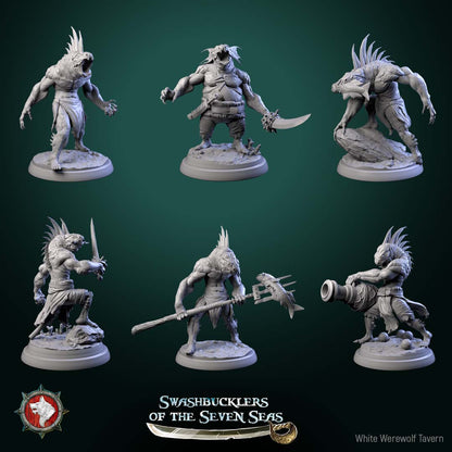 Scaled Gunners reptilian pirate miniatures group showing six aggressive poses with melee weapons, cannon, and improvised arms