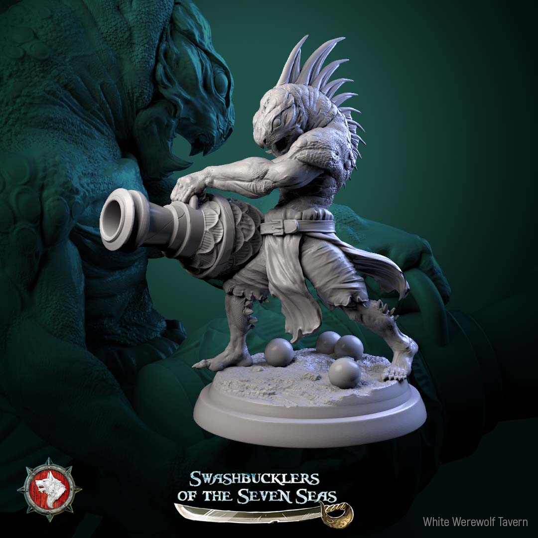 Scaled Gunner reptilian pirate wielding a heavy naval cannon, wide braced stance, muscular scaled body