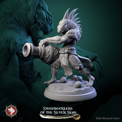 Scaled Gunner reptilian pirate wielding a heavy naval cannon, wide braced stance, muscular scaled body