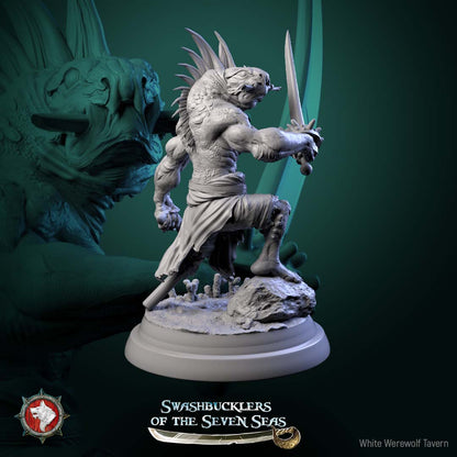 Scaled Gunner reptilian pirate crouched with curved blade, forward-leaning attack pose on rocky base