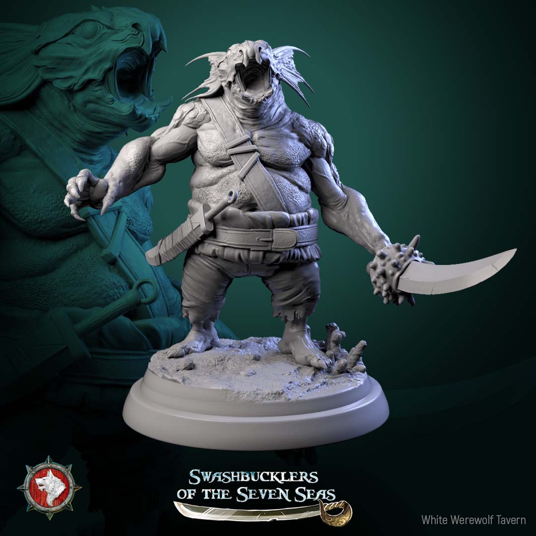 Scaled Gunner reptilian brute holding spiked club and short blade, broad stance with exposed scaled torso