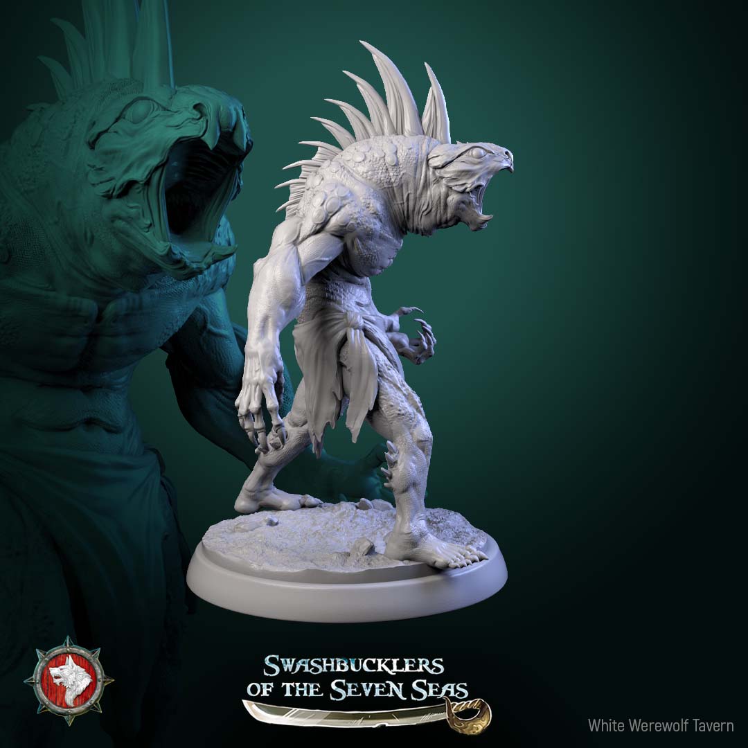 Scaled Gunner reptilian pirate roaring with empty hands, aggressive charge pose emphasizing claws and fangs