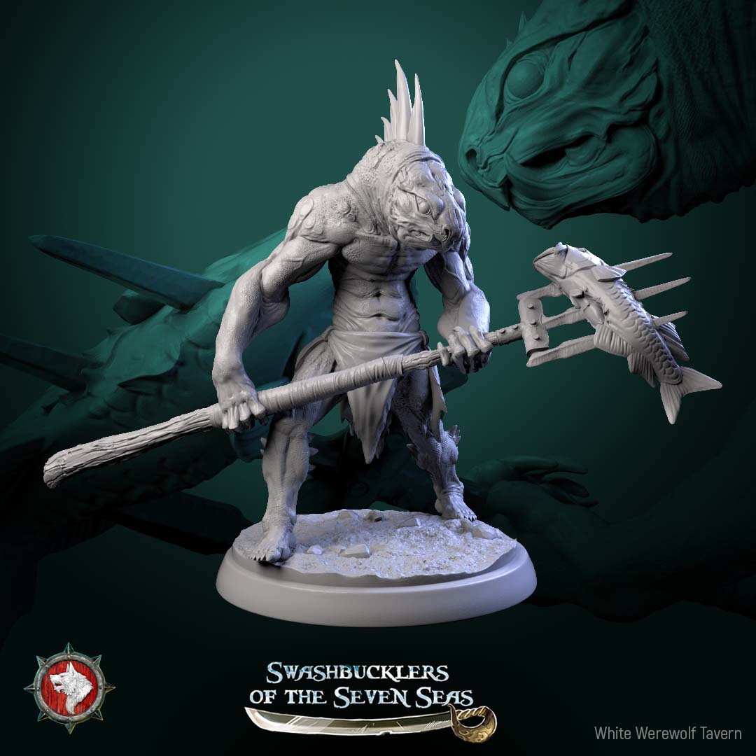 Scaled Gunner reptilian warrior gripping oversized harpoon hammer, two-handed weapon stance