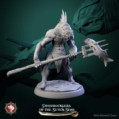 Scaled Gunner reptilian warrior gripping oversized harpoon hammer, two-handed weapon stance