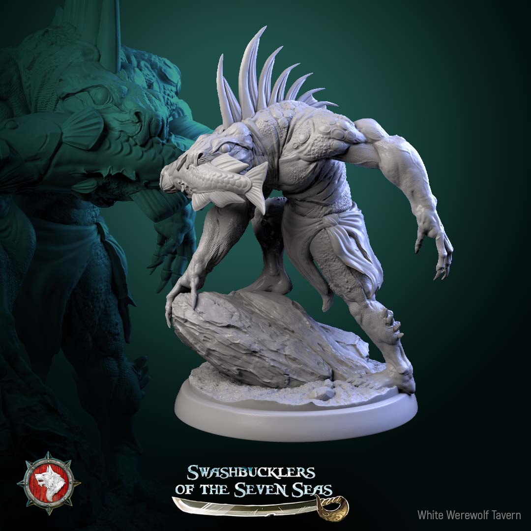 Scaled Gunner reptilian ambusher crouched on rock with fish-maw grip, predatory stalking pose