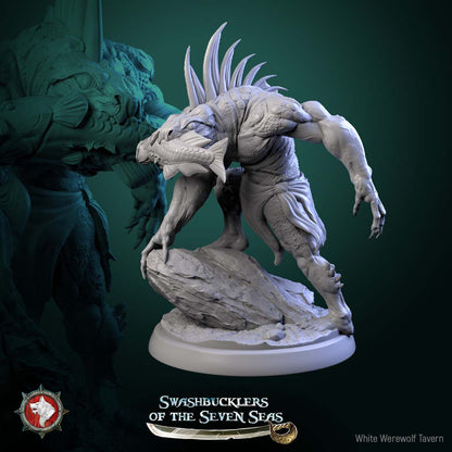 Scaled Gunner reptilian ambusher crouched on rock with fish-maw grip, predatory stalking pose