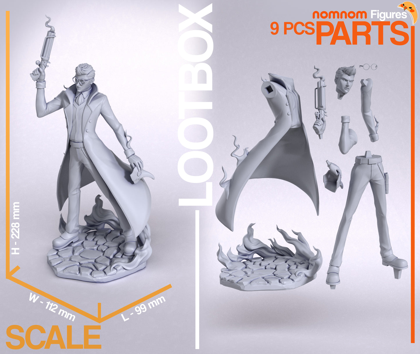 Percival De Rolo 1:10 scale figure collage showing full assembled statue, measurements, and nine individual parts including head, coat, gun arm, base, and smoke effects, Critical Role Vox Machina collectible